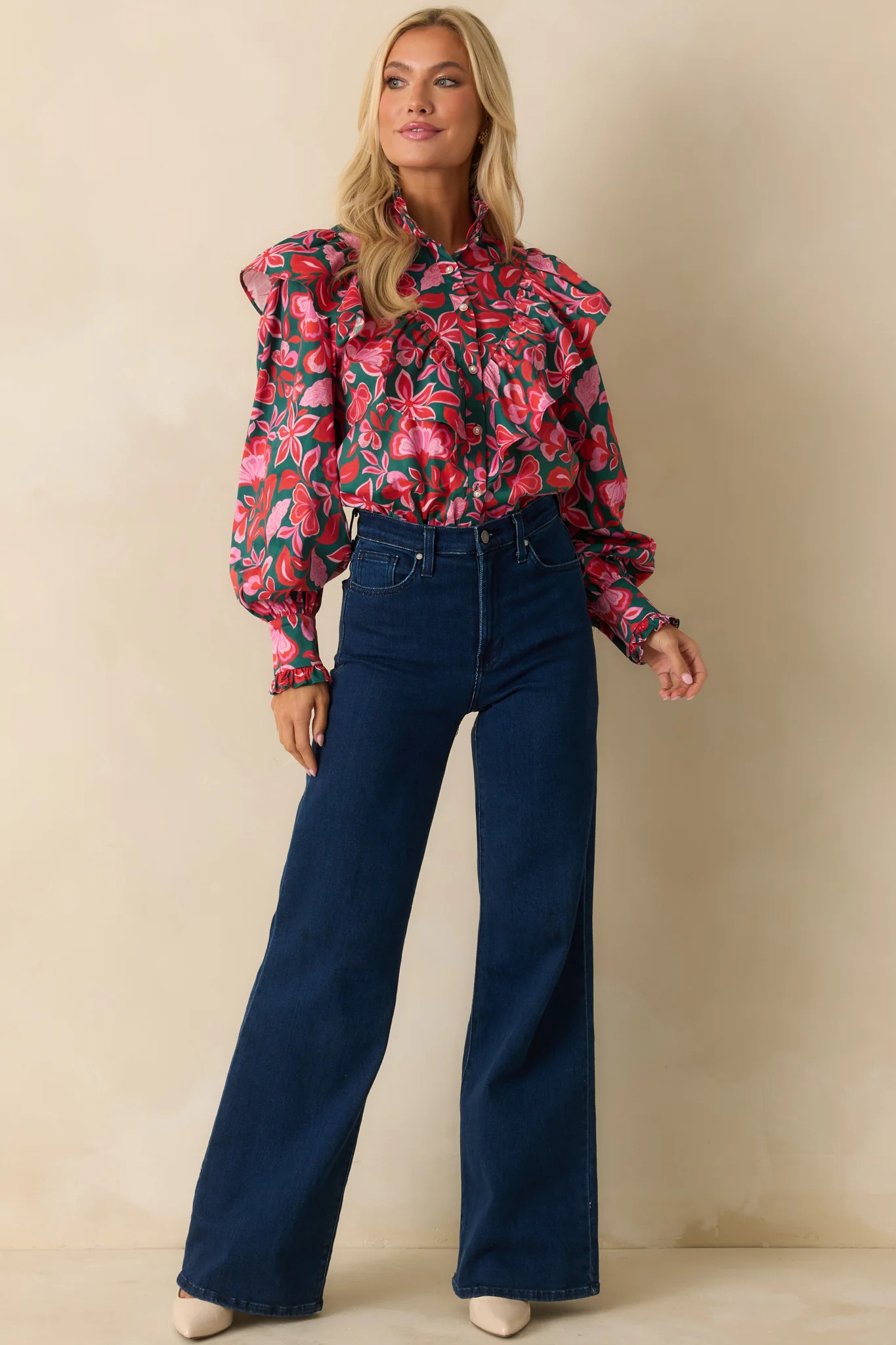 Prosperina Sterling Green & Pink Cotton Floral Print Ruffle Top | Red Dress