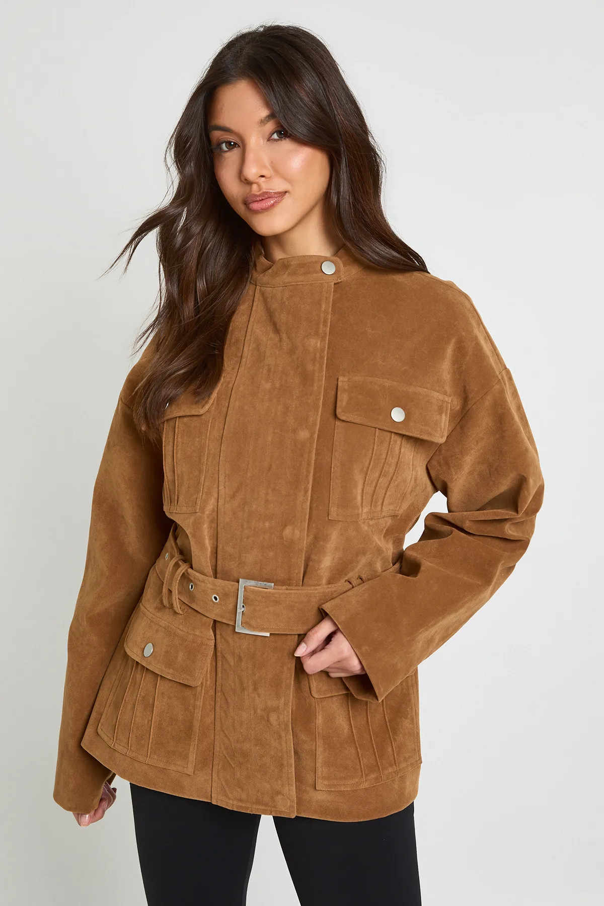 boohoo Women's Faux Suede Belted Jacket in Tan | Size: 14 | Boohoo.com (UK & IE)
