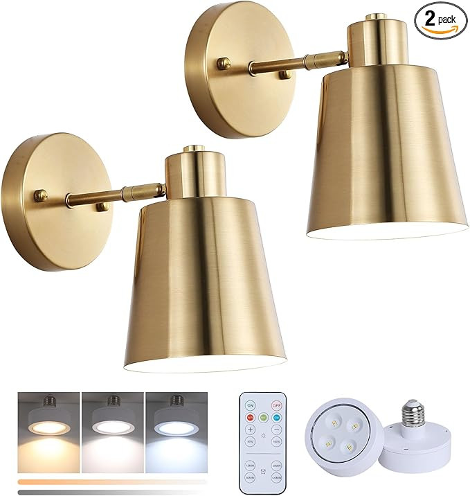 Battery Operated Wall Sconce Set of Two,Gold Modern with Remote Control Dimmable Wall Lighting In... | Amazon (US)
