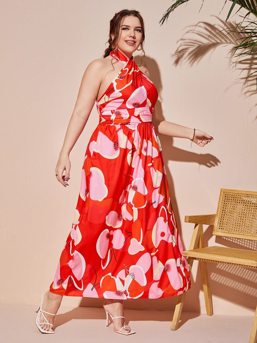 Plus Floral Print Shirred Back Halter Neck Dress | SHEIN