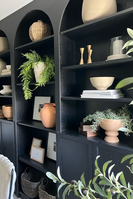 Bookcases: I’ve had many questions about these. They’re IKEA Billy bookcases. We added arches ourselves. (Can’t link ikea)..  all  shelf decor is linked here! 
Moody home office, shelf styling 

#LTKhome