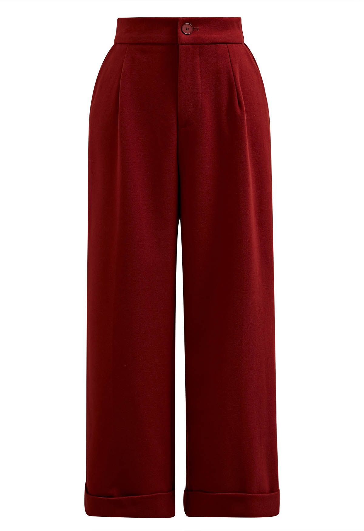 Comfy Chunky Straight-Leg Cuffed Pants in Rust Red | Chicwish
