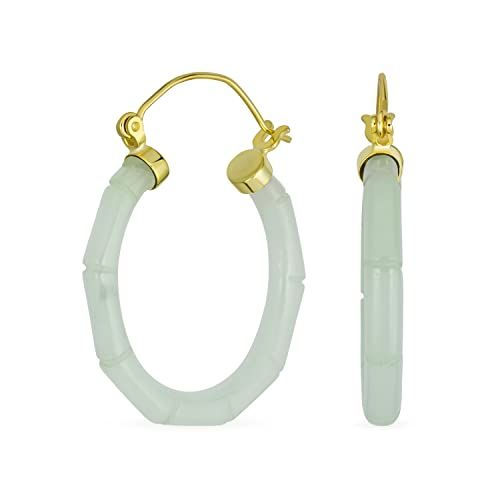 Light Green Jade Genuine Gemstone Green Round Bamboo Jade Hoop Earrings For Women 14K Gold Plated... | Amazon (US)