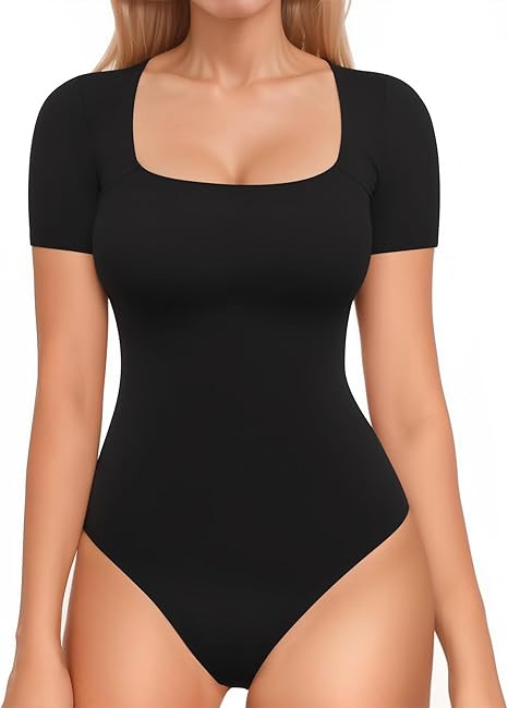 MANGOPOP Square Neck Short Sleeve Bodysuit for Women Thong Body Suits Shirts Double Lined Summer ... | Amazon (US)