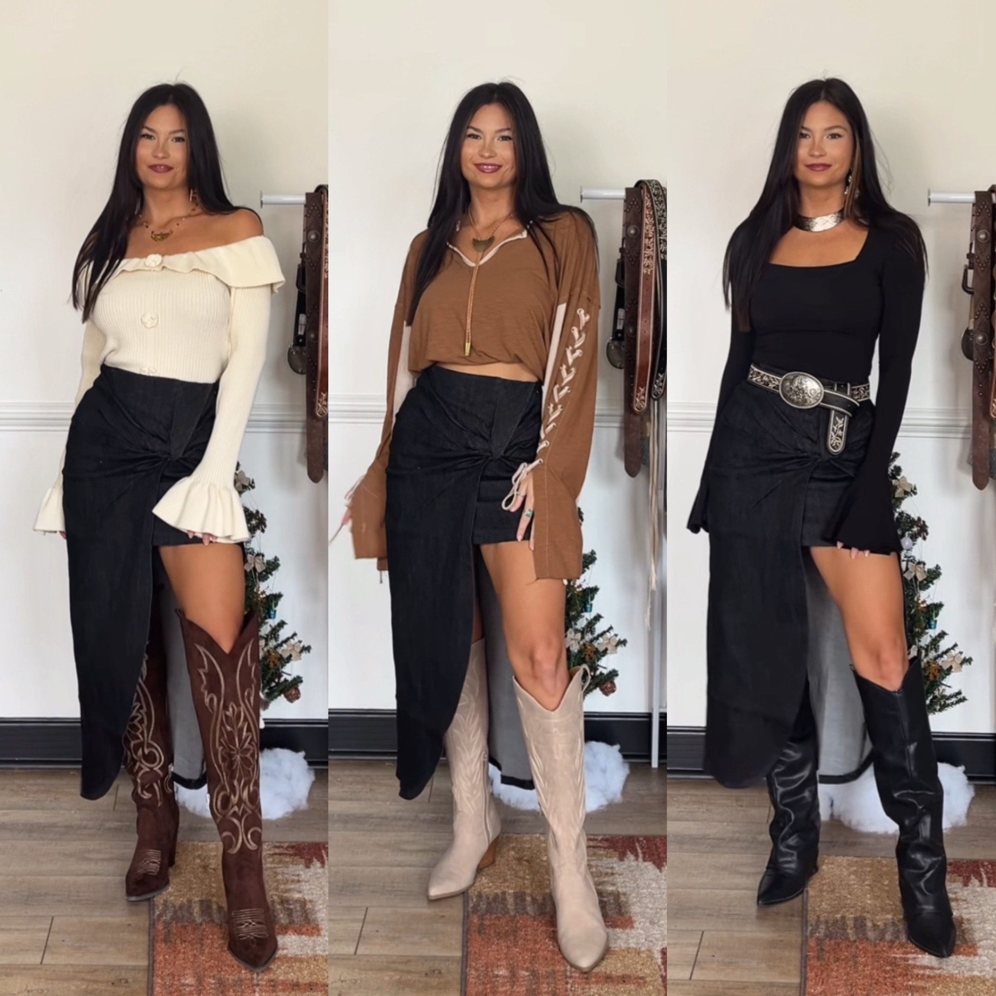 Midi skirt styled with different tops! Code LORI to save on skirt (wearing xs; does have some stretch), black top (xs), and black & tan boots! Code LORI20 to save on brown boots

Butterfly necklace - Highway hippie code LORI10
Bolo -November Maker
Cuff necklace was thrifted 

#LTKSeasonal #LTKStyleTip #LTKShoeCrush