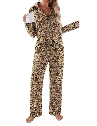 Ekouaer Cheetah Pajama Sets Long Sleeve Button Down 2 Piece Pjs Soft Leopard Lounge Sets Notch Collar Sleepwear | Amazon (US)