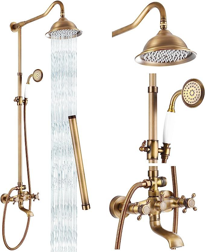 Exposed Antique Brass Shower System Set Shower Faucet Fixture 8 Rain Shower 2 Double Knobs Handle... | Amazon (US)