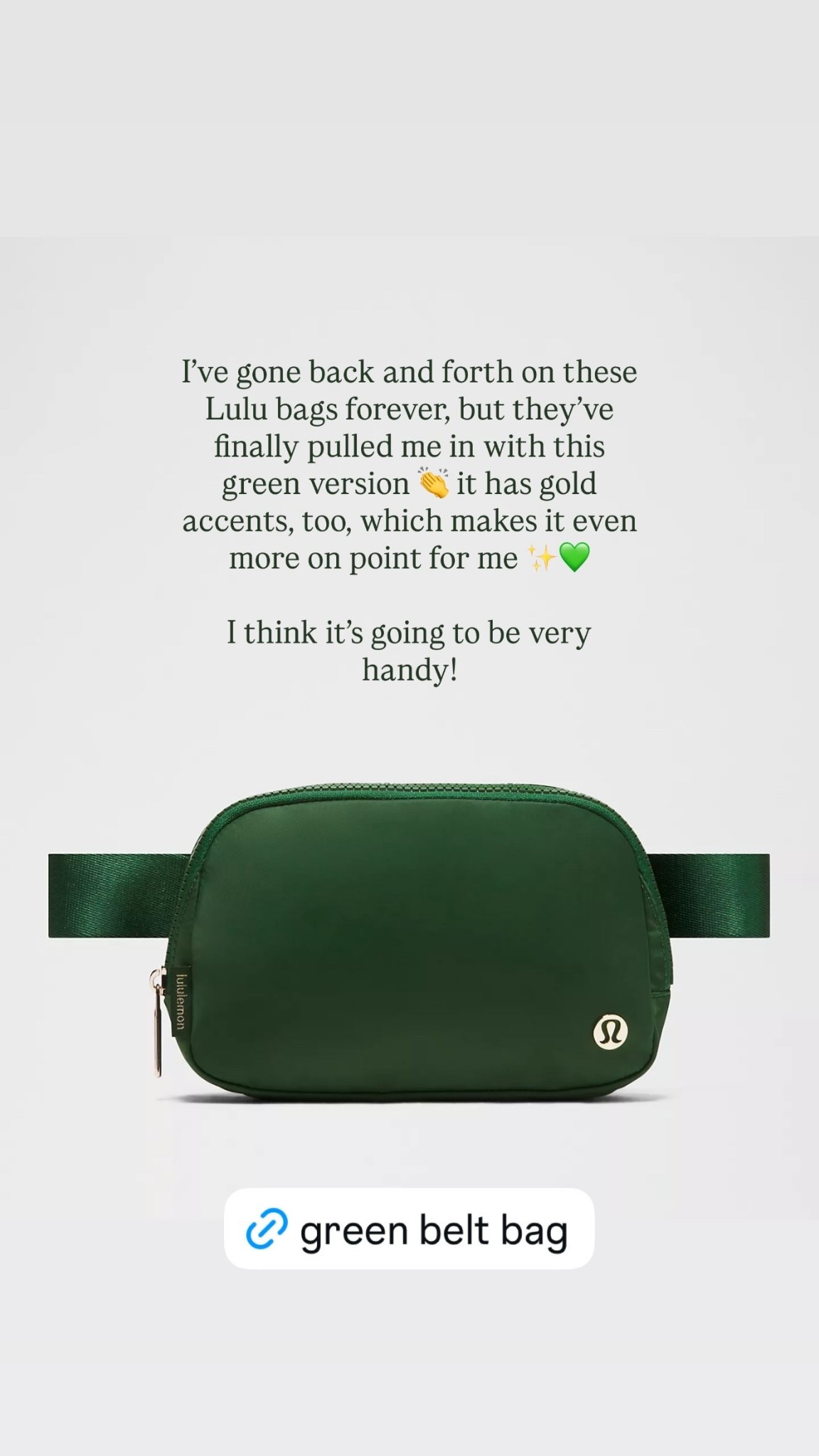 I’ve gone back and forth on these Lulu bags forever, but they’ve finally pulled me in with this green version 👏 it has gold accents, too, which makes it even more on point for me ✨💚

I think it’s going to be very handy!