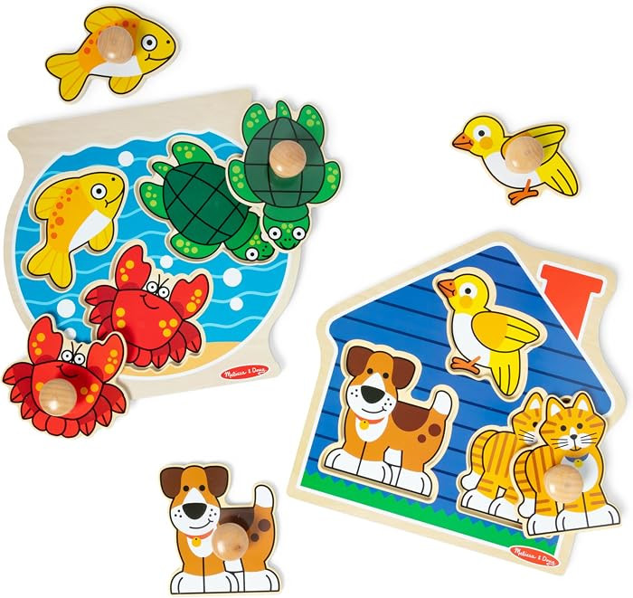 Melissa & Doug Wooden Jumbo Peg Puzzle 2-Pack \u2013 Fish Bowl, House Pets, 3-Piece for Toddlers ... | Amazon (US)