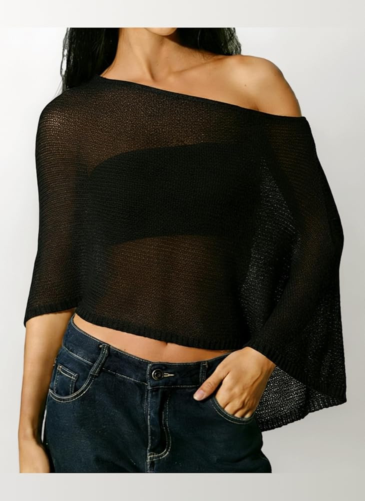 Sheer Poncho for Women, Poncho Asymmetric Tops Trendy Lightweight Summer One Shoulder Loose Boho ... | Amazon (UK)
