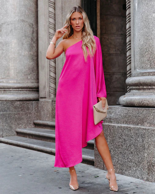 Goddess Of Beauty One Shoulder Satin Maxi Dress - Hot Pink | VICI