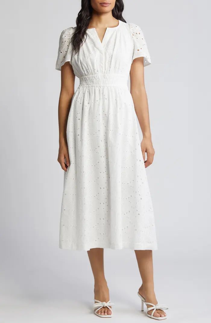 Anne Klein Short Sleeve Cotton Eyelet Midi Dress | Nordstrom | Nordstrom