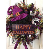 Witch Hat Wreath, Halloween Home Decor, Wreaths, Mesh Deco Mesh Reef, Fall Double Door Wreaths | Etsy (US)