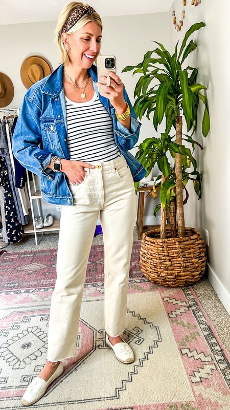 Memorial Day outfit idea: white jeans, stripe tank, denim jacket, espadrilles 

I sized up one in the jeans for a more relaxed fit 👍🏻

#LTKFind #LTKSeasonal #LTKstyletip