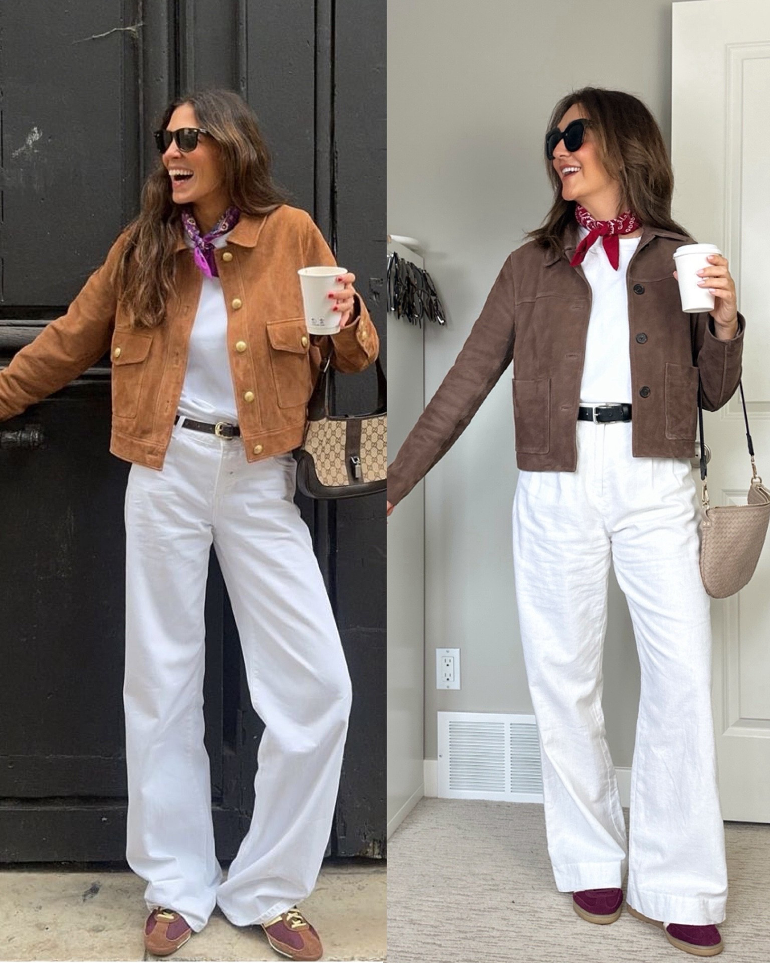 Pinterest inspired spring outfit formula: white top and pants, a neutral jacket and pops of color with matching sneakers and neck scarf!
My pants are linen and lined so not sheer, I’m 5’ 7” size 4ish and got the size 4 tall. 
Tee is also not sheer, it’s a thicker material and a really nice quality for the price. I’m wearing M for a roomier fit.
My sneakers are Adidas which I find fit a little big, I always go down 1/2 size.
Wearing my usual size S in the suede jacket.


#LTKOver40 #LTKTall #LTKootd
