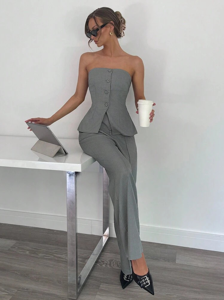 Siren Gaze Women's Strapless Suit Set, Grey, For Office Wear & Teacher Outfits | SHEIN