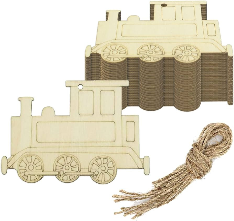 Creaides 20pcs Train Wood DIY Crafts Cutouts Wooden Train Shaped Hanging Ornaments with Hole Hemp... | Amazon (US)