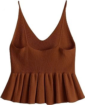 SweatyRocks Women's Casual Knit Top Sleeveless Ruffle Hem V Neck Peplum Crop Tank Top | Amazon (US)