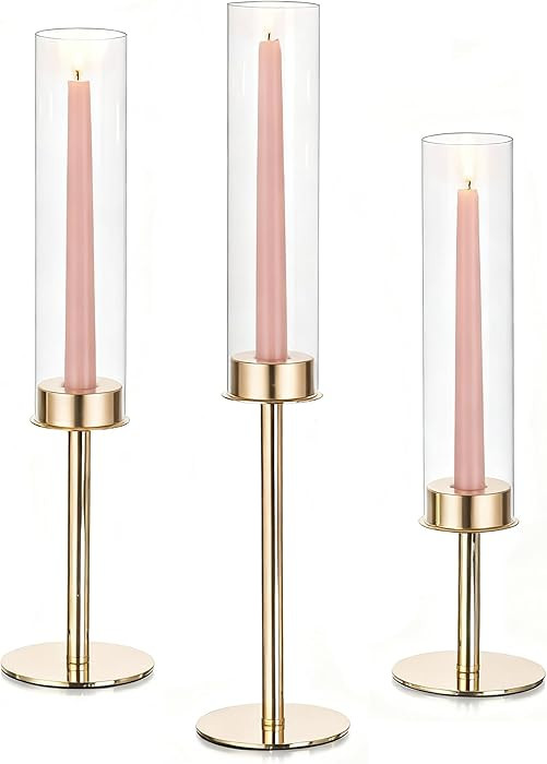 Glasseam Hurricane Gold Candle Holders: Set of 3 Brass Candlestick Holders for Taper Candles Mode... | Amazon (US)