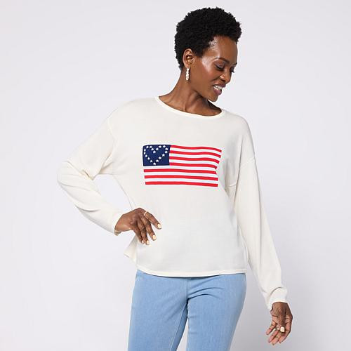 Colleen Lopez Americana Flag or Star Motif Sweater - Cream Flag - Size XX-Small | HSN