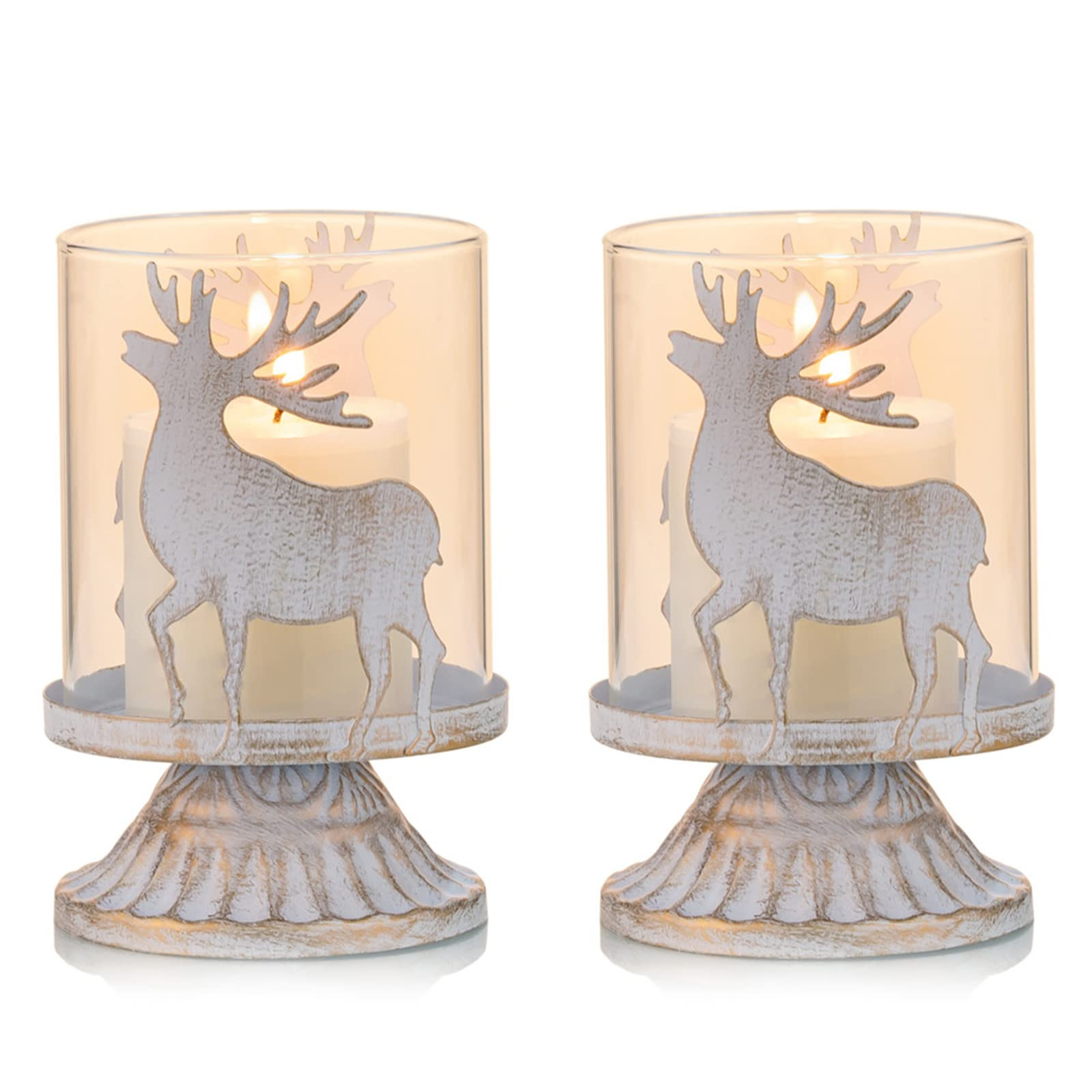 Sziqiqi Vintage Antique Metal Pillar Candle Holders Set of 2, Distressed Hurricane Candlestick Ca... | Amazon (UK)