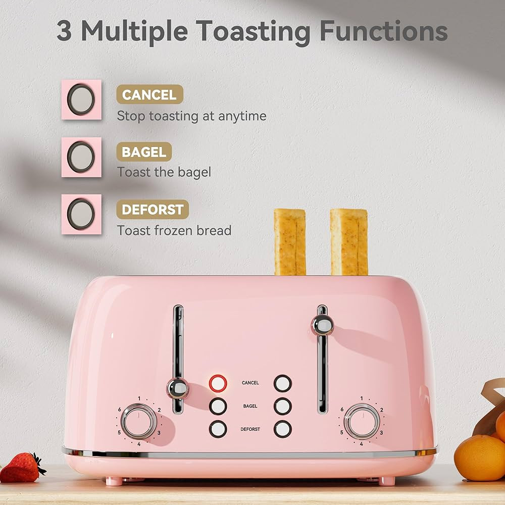Toaster 4 Slice, Retro Stainless Toaster with 6 Bread Shade Settings,1.5''Wide Slots Toaster with... | Amazon (US)