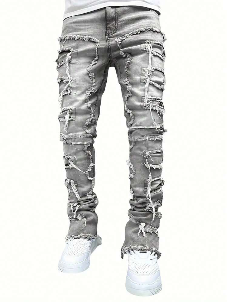 Teen Boys' Fashion Creative Tassel Raw Hem Skinny Jeans | SHEIN