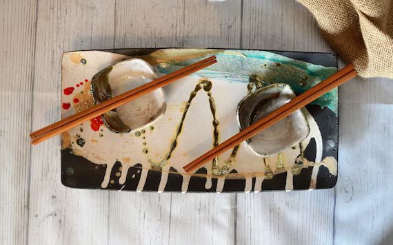 Sushi plate + two bowls / Hand made / Unique / Art / Raku pottery | Etsy (US)