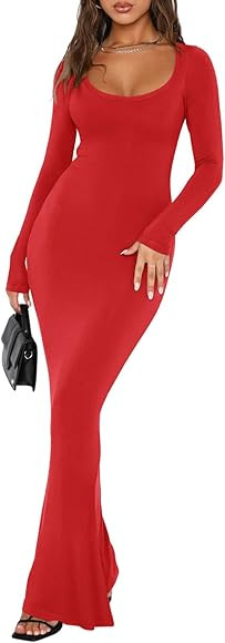 REORIA Damen Sexy Kleid mit quadratischem Ausschnitt und Langen Ärmeln weiches Lounge-Kleid Läs... | Amazon (DE)