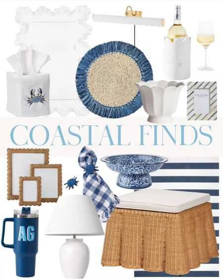 Coastal home decor finds! If you love coastal modern decor then you'll love this scalloped rattan ottoman, striped rug, scalloped frames, scalloped planter, white lamp, coral mirror, white mirror, and all the blue and white decor! (5/16)

#LTKhome #LTKstyletip