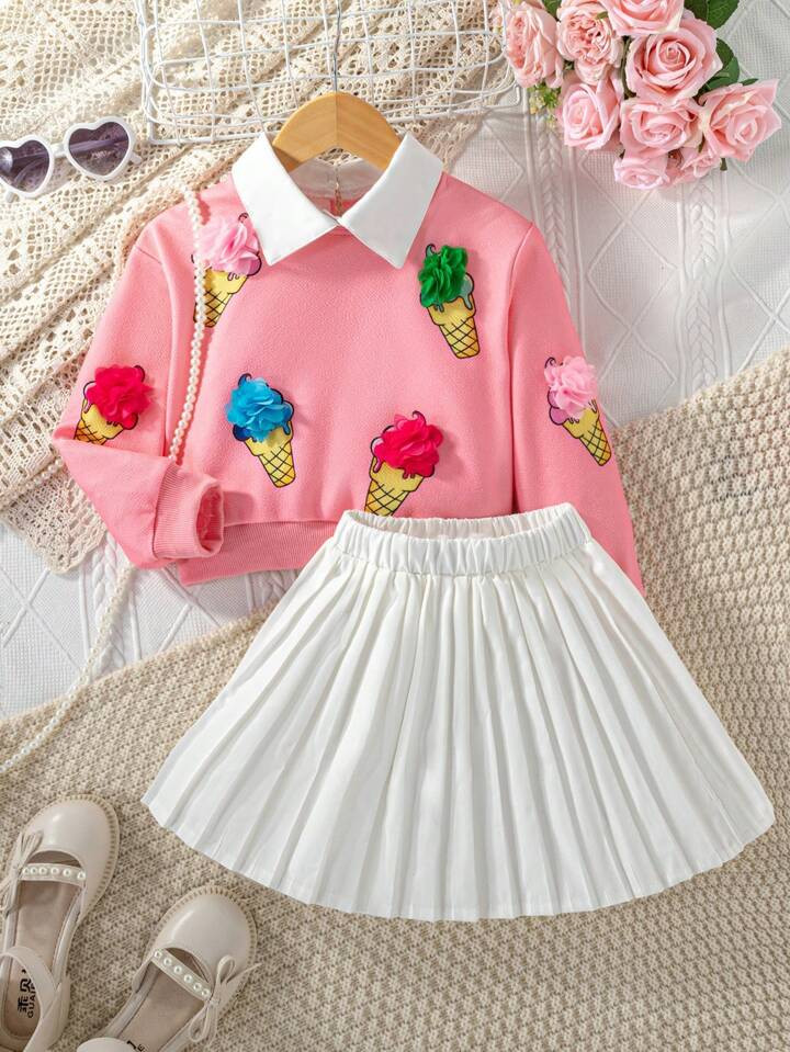 Streecool Kids 2pcs Young Girl Long Sleeve Floral Top And Pleated Fashionable Skirt Set | SHEIN