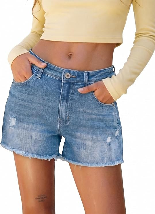 onlypuff Women Ripped Denim Shorts Distressed Mid Rise Stretchy Casual Jean Shorts | Amazon (US)