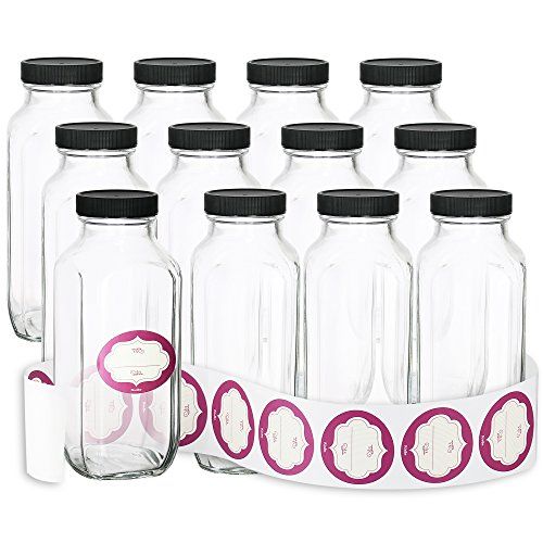 Pack of 12 - 16 Ounce French Square Glass Jars with Blank Labels, Bottles with Lids, Great for Herbs | Amazon (US)