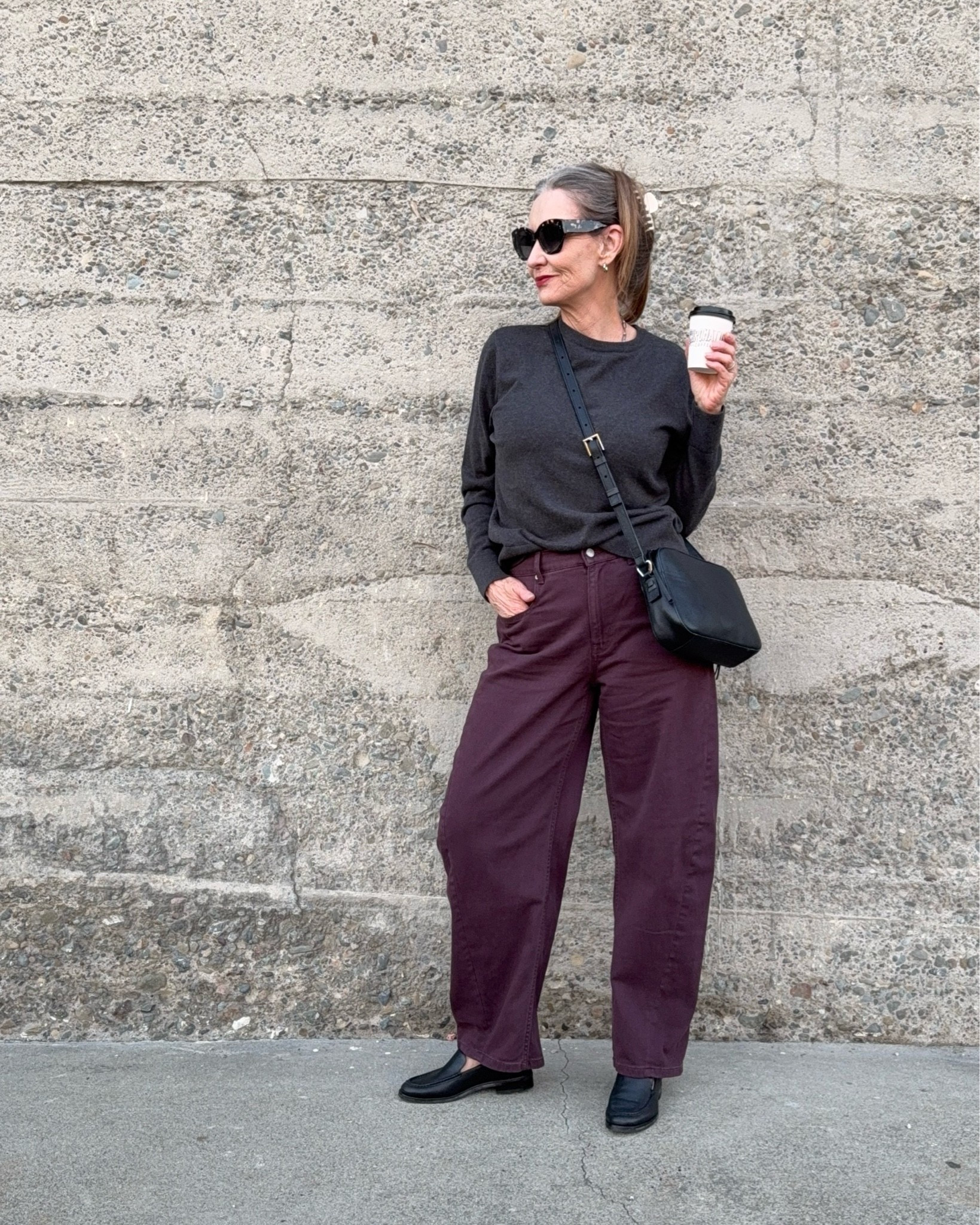 Organic, sustainable & effortlessly cool @Pact barrel leg pants & cotton crew neck. Feeling cute for the coffee run in clothes I can feel really good about! Fall outfit, casual outfit, style over 50, retired life, sustainable, earth-friendly