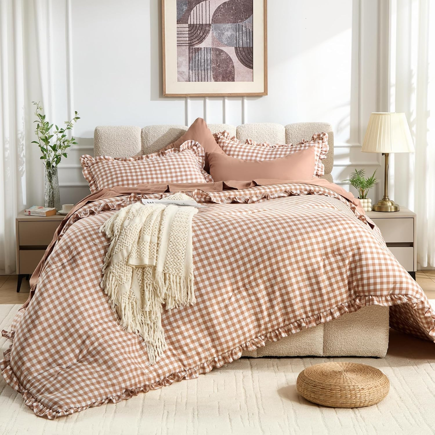 7 Pieces Gingham Ruffle Comforter Set Cal King Size, Brown Grid Tartan Bedding Set, Soft Breathable Fabric Comforter with Flat Sheet, Fitted Sheet, 2 Pillowcases & 2 Shams, 104"X96" | Amazon (US)