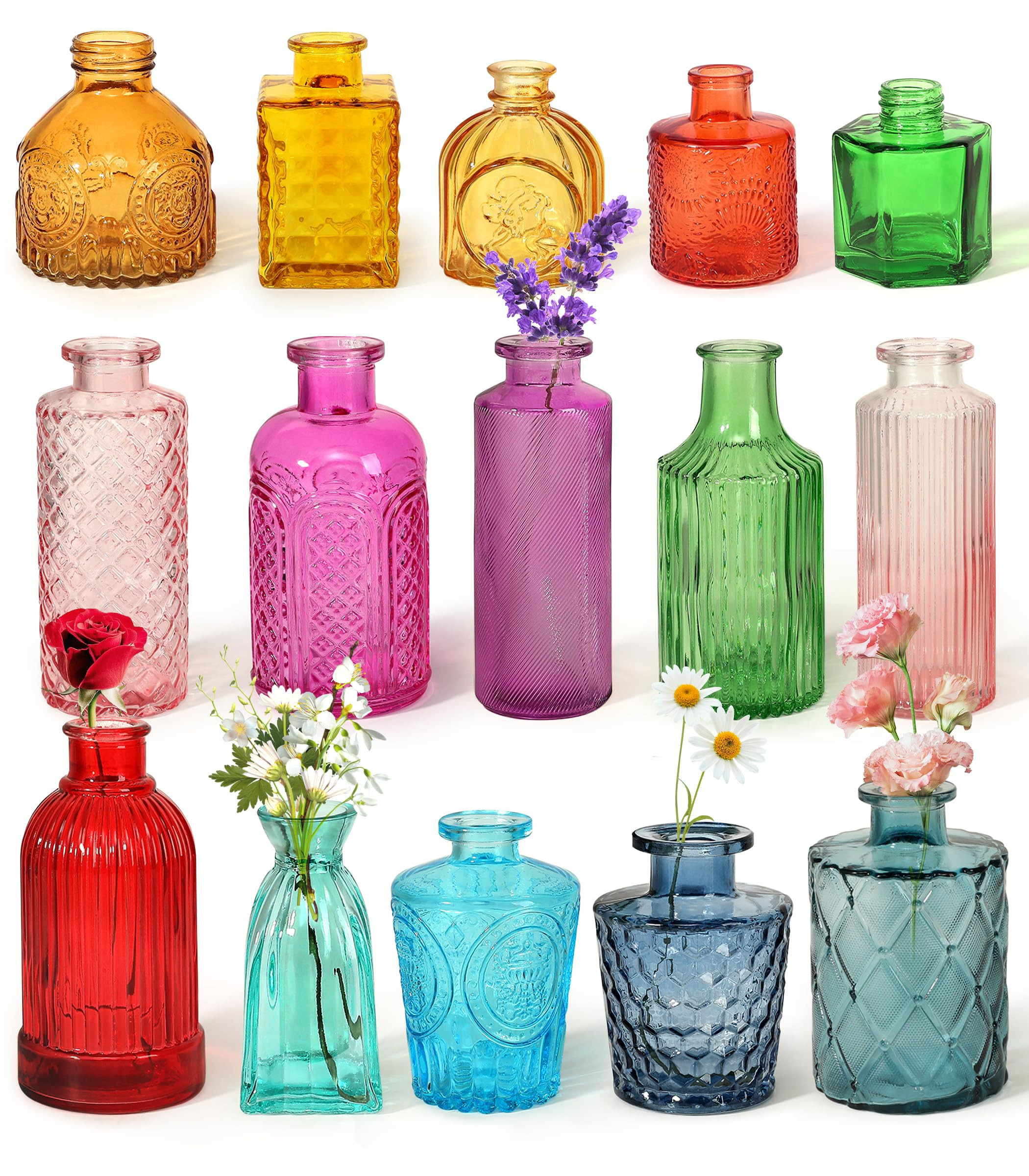 Set of 15 Colorful Glass Bud Vases - Small Textured Flower Vases for Centerpieces, Wedding Table ... | Amazon (US)