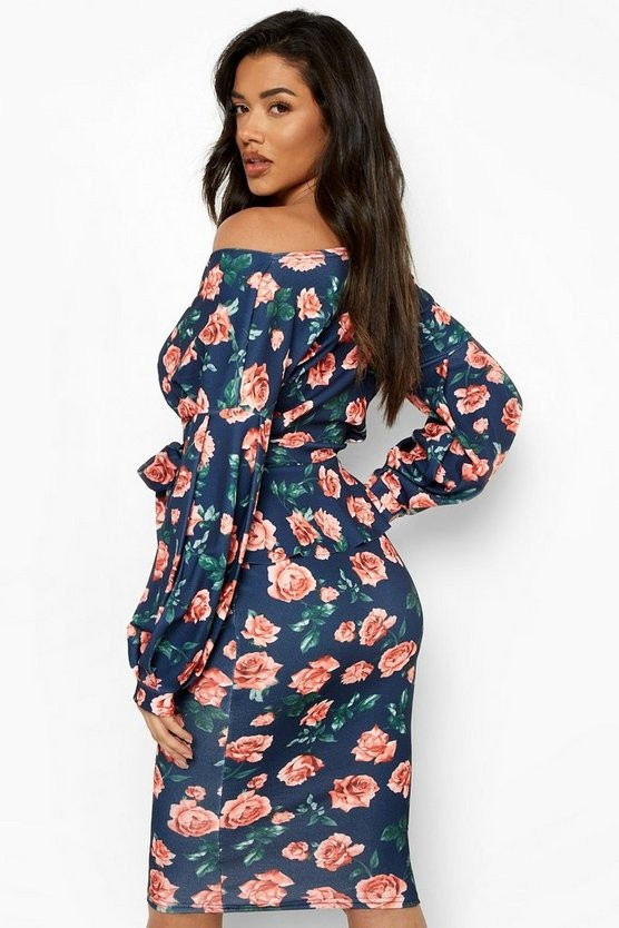 Floral Off The Shoulder Peplum Midi Dress | Boohoo.com (US & CA)