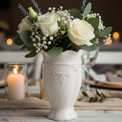 hjn White Ceramic Vase- French Flower Vase for Decor Small Vintage Vases for Flowers/Home Decorat... | Amazon (US)