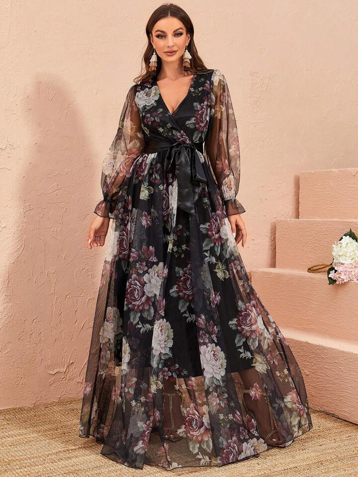 Floral Print Flare Sleeve Belted Mesh Overlay Dress | SHEIN