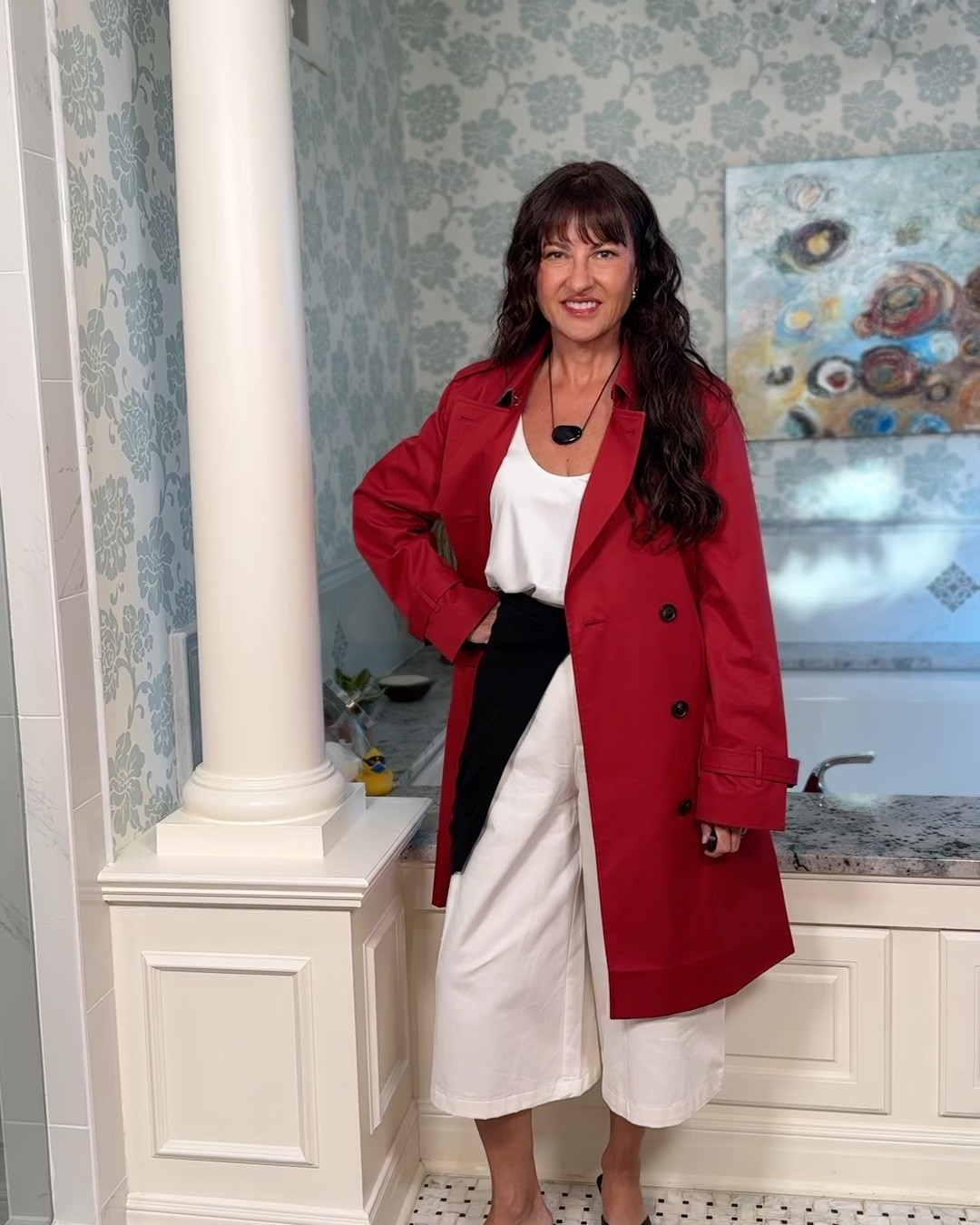 White culottes styling part 3! The red trench look would be great for office especially if you wear the cardigan! And my favorite look of all is the blue @Zara jacket with the red flip flops! Perfect for weekend errands when there is still a slight chill!

#LTKootd #LTKOver40