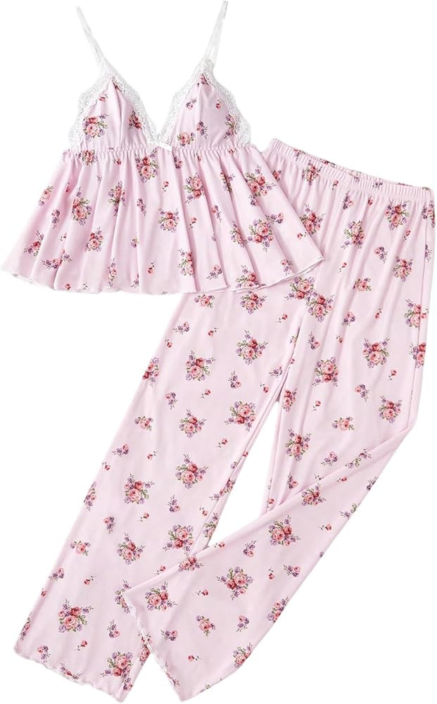 Verdusa Women's Floral Lace 2 Piece Pajama Set Backless Flared Camisole Top with Lounge Pants | Amazon (US)