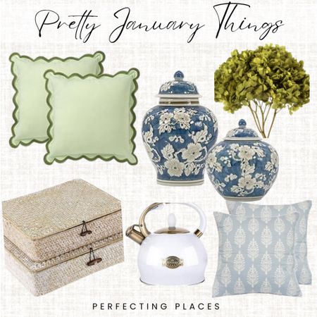 Pretty blue and green finds for a blue and green winter color scheme for your home. Green scallops pillows, blue and white jars, faux green hydrangeas, woven lidded boxes, white tea kettle, light blue block print pillow covers

#LTKSeasonal #LTKhome