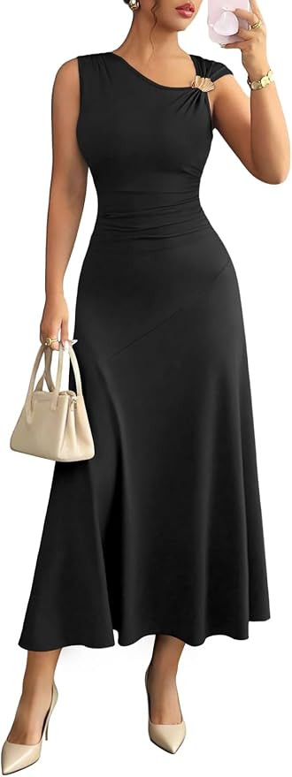 Pink Queen Elegant Sleeveless Bodycon Dress for Women Crewneck High Waist Ruched Metal Swing Cock... | Amazon (US)