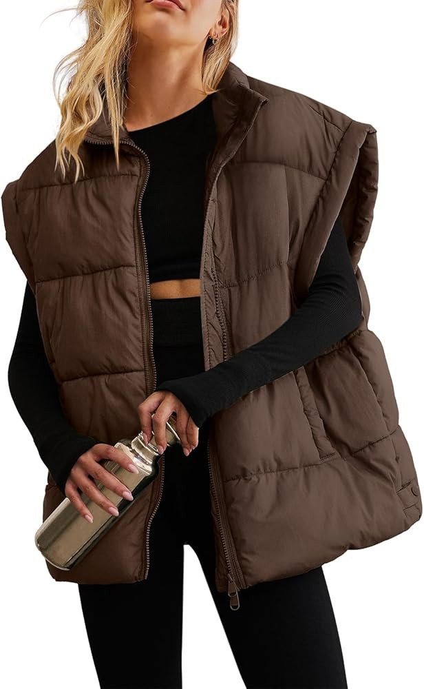 ReachMe Womens Oversized Puffer Vests Stand Collar Puffy Vest Tops Cap Sleeve Quilted Jacket Wint... | Amazon (US)