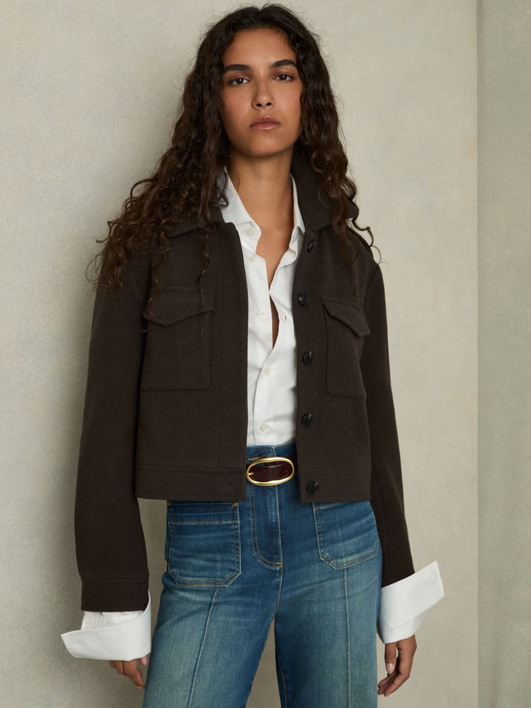 Reiss Wool-Blend Cropped Jacket in Mocha Brown | REISS | Reiss US