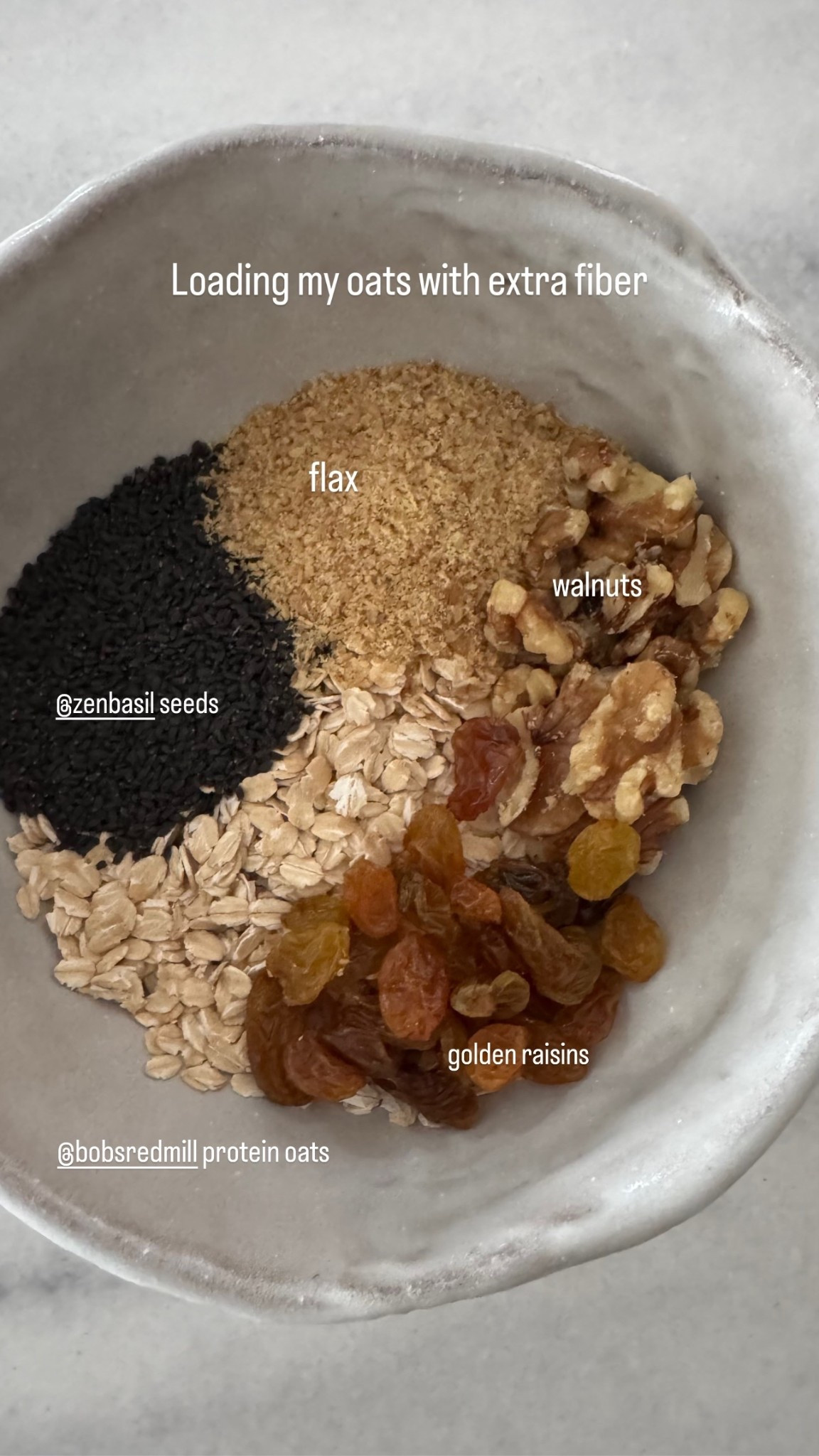 Loading my oats with extra fiber flax @zenbasil seeds golden raisins walnuts @bobsredmill protein oats

#LTKselfcare #LTKfoodie #LTKmorningroutine