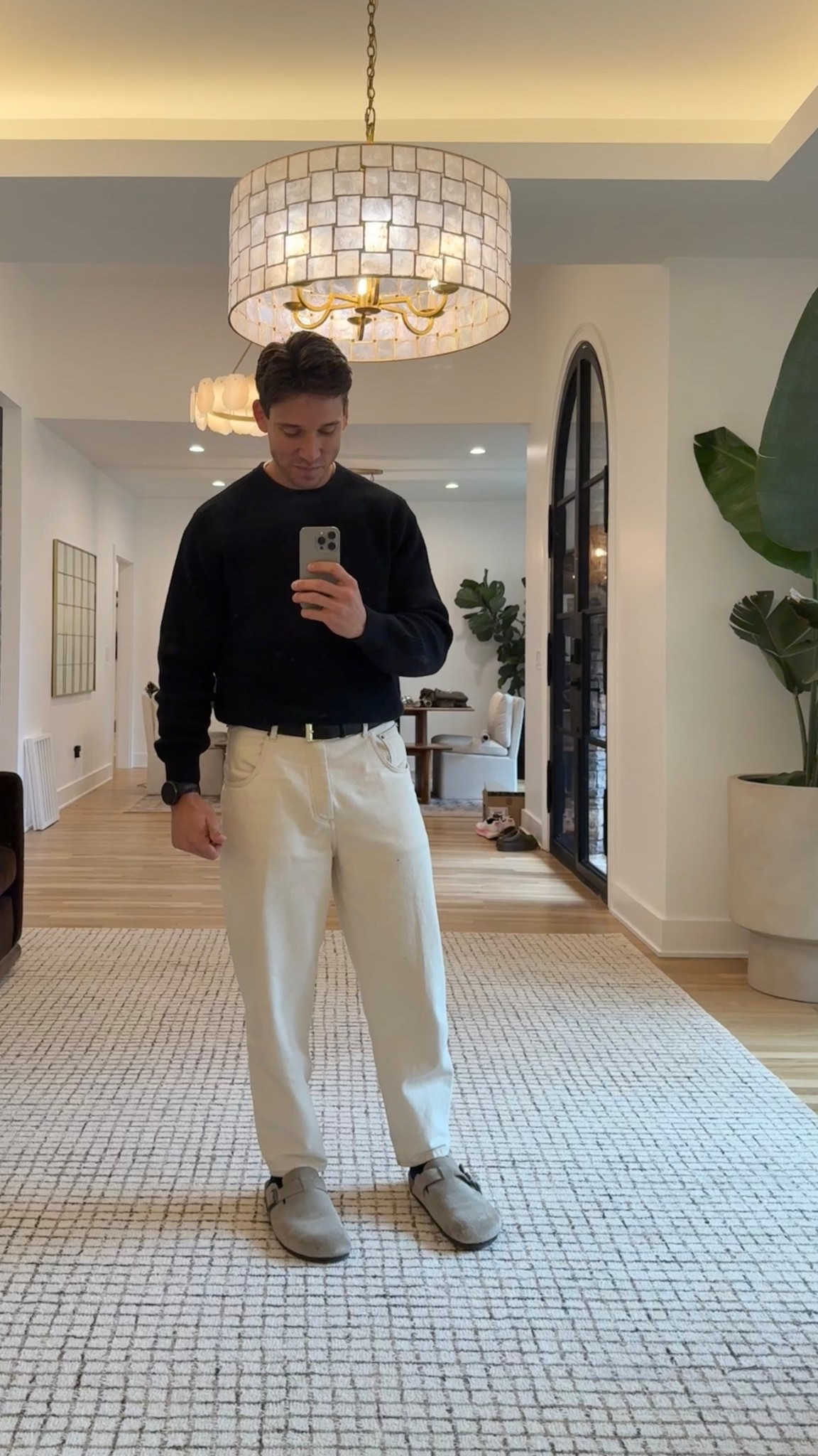 Work from home fit today - buck mason sweater, American vintage jeans, and broken Steve Madden clogs