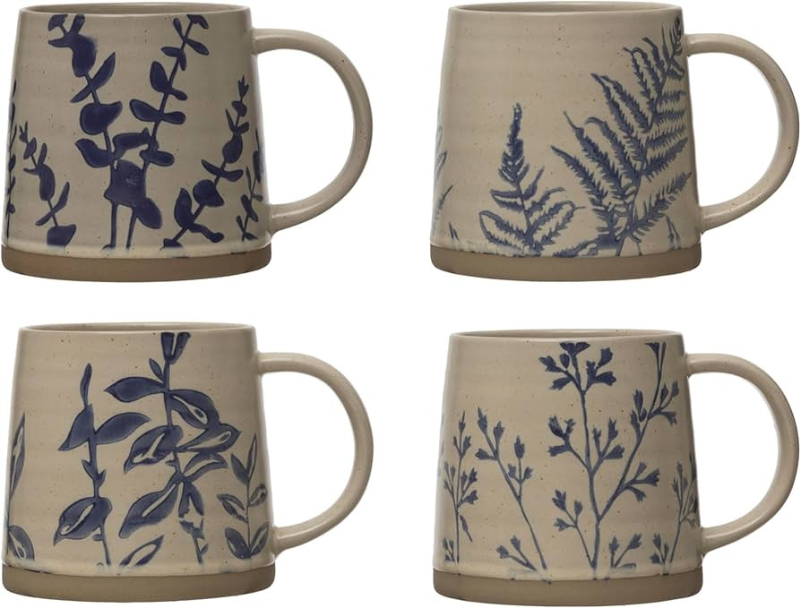 Creative Co-Op Hand Stamped Stoneware Mug with Wax Relief Botanical Design, Antique Blue and Whit... | Amazon (US)