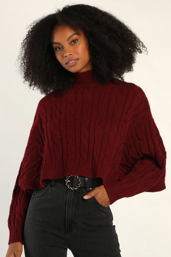Cropped Cutie Burgundy Cable Knit Cropped Mock Neck Sweater | Lulus (US)