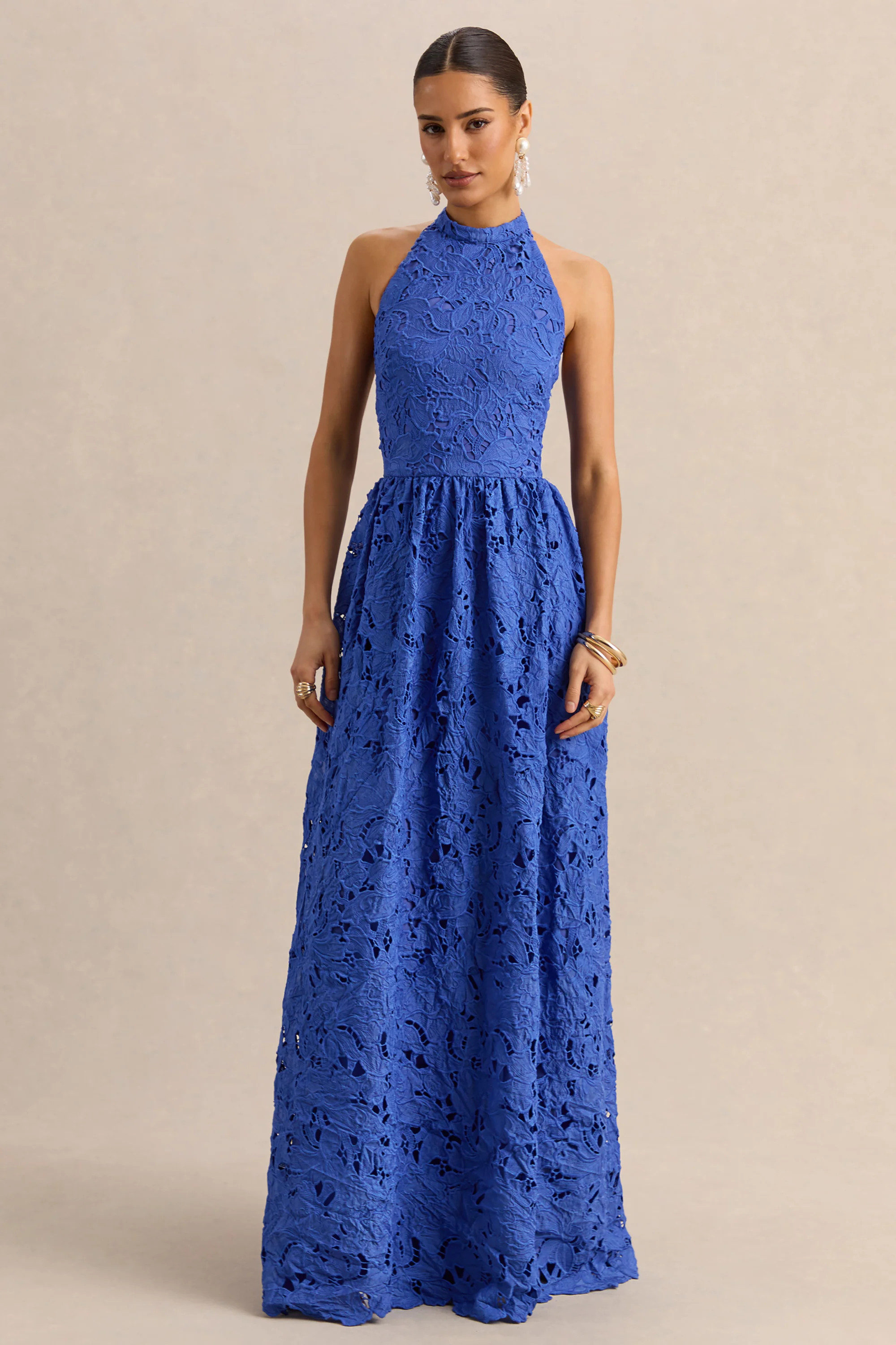 Indiana | Dark Blue Broderie Halter-Neck Maxi Dress | Club L London